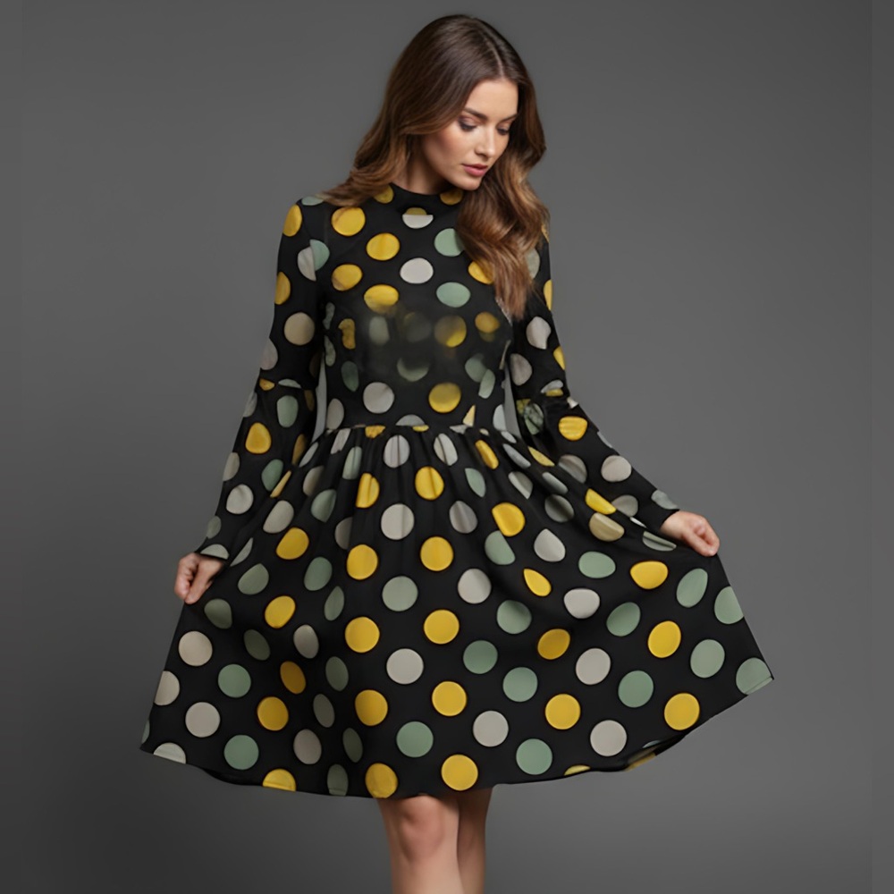 Polka Dot Mock Neck Trumpet Sleeve Smock Dress - Picture 2 of 6
